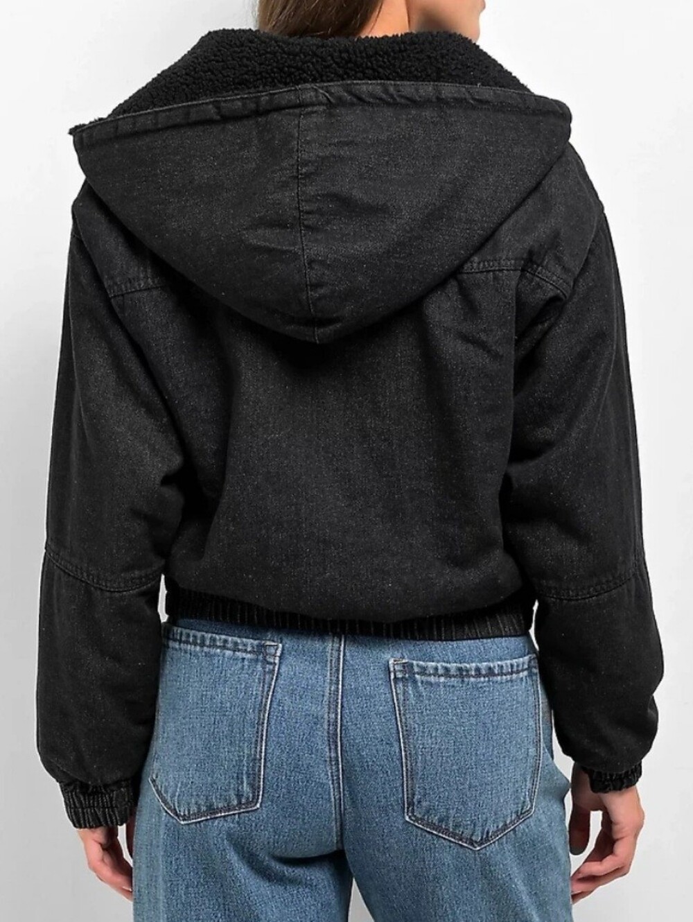 sherpa line hooded cropped jean jacket Sz L